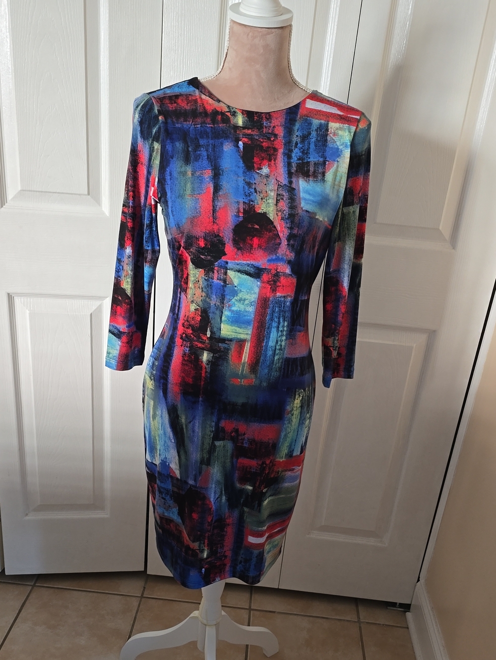 Karen Kane Abstract Brushstroke Midi Dress in Blue and Red Size Small